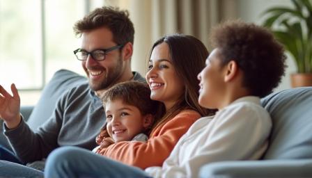 Familia feliz sentada en el sofá, sonriendo, con un énfasis en la estabilidad financiera.