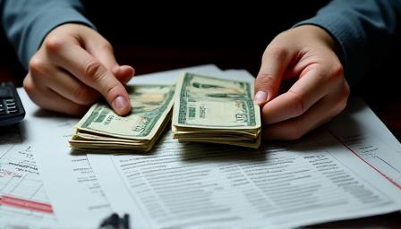 Manos contando billetes con calculadoras y documentos de deuda, simbolizando gestión financiera.