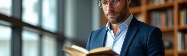 Hombre leyendo un libro en un entorno financiero moderno y luminoso.