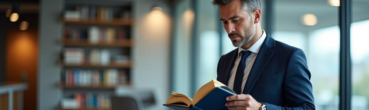 Hombre leyendo un libro en un entorno financiero moderno y luminoso.